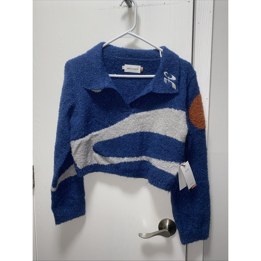 Honor The Gift Blue Fuzzy Cropped Sweater Pullover Size Large NWT